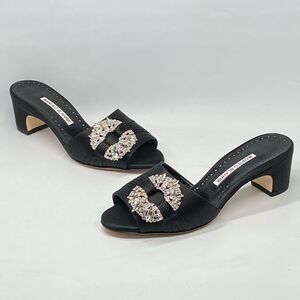 Manolo Blahnik Prinap 50MM Satin Crystal Buckle Mules size 36